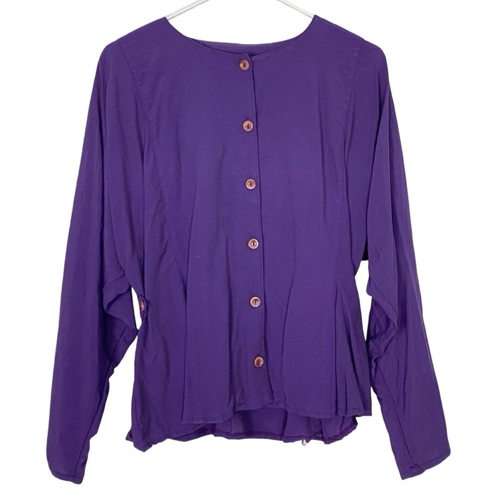 Vintage 80s Purple Top Blouse Womens Size Medium Rare VTG Button Down Shirt